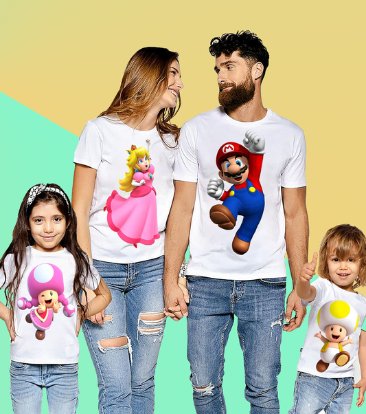 VLAM Mario Cartoon Print Family Tshirt (Pack Of 4)