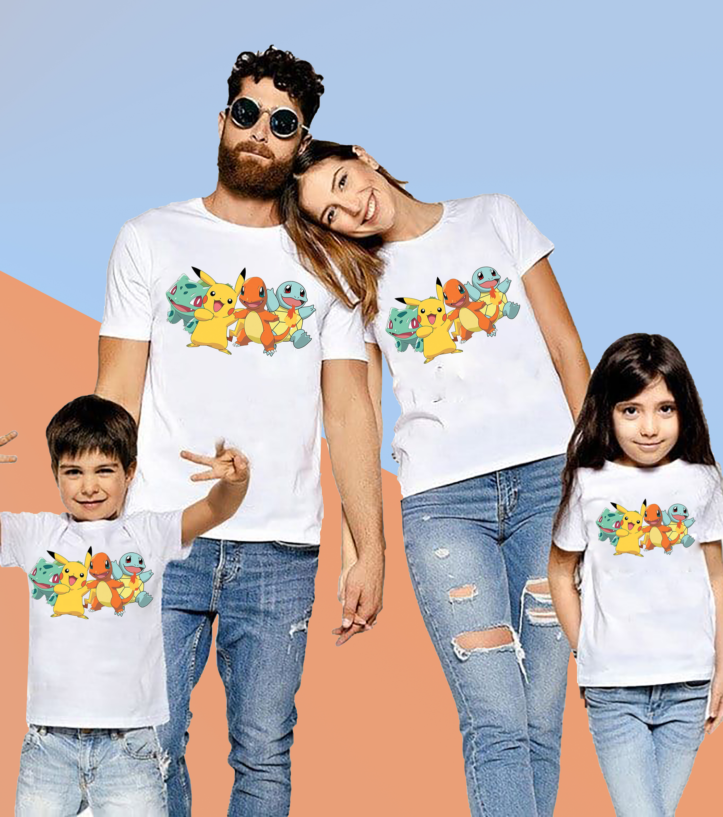 VLAM Pokemon Characters Print Family Tshirt (Pack Of 4)