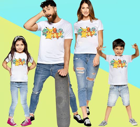 VLAM Pokemon Characters Print Family Tshirt (Pack Of 4)