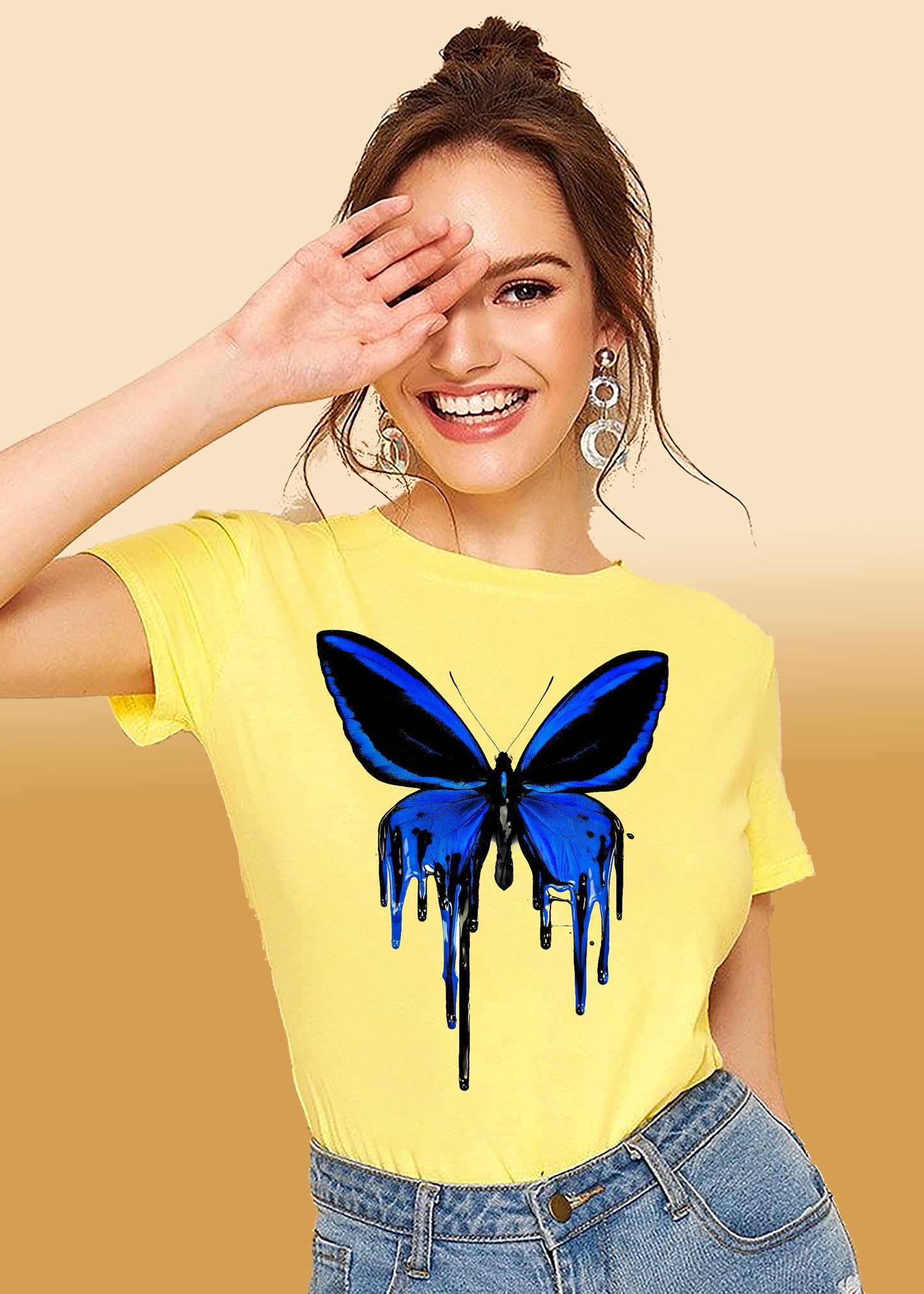 VLAM Womens Blue Butterfly Print Graphic Tshirt