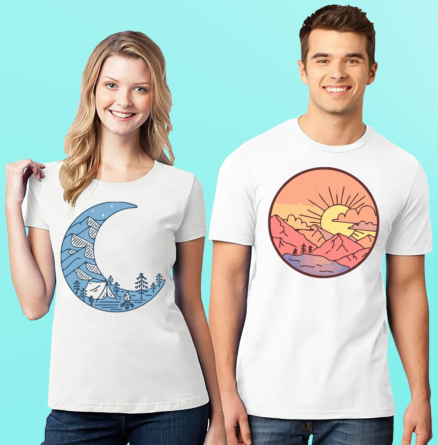 VLAM Sun Moon Graphic Print Couple Tshirt (Pack Of 2)