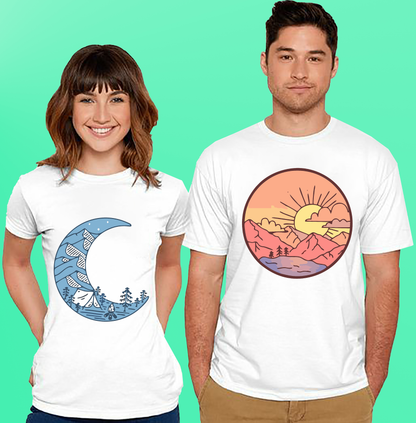 VLAM Sun Moon Graphic Print Couple Tshirt (Pack Of 2)