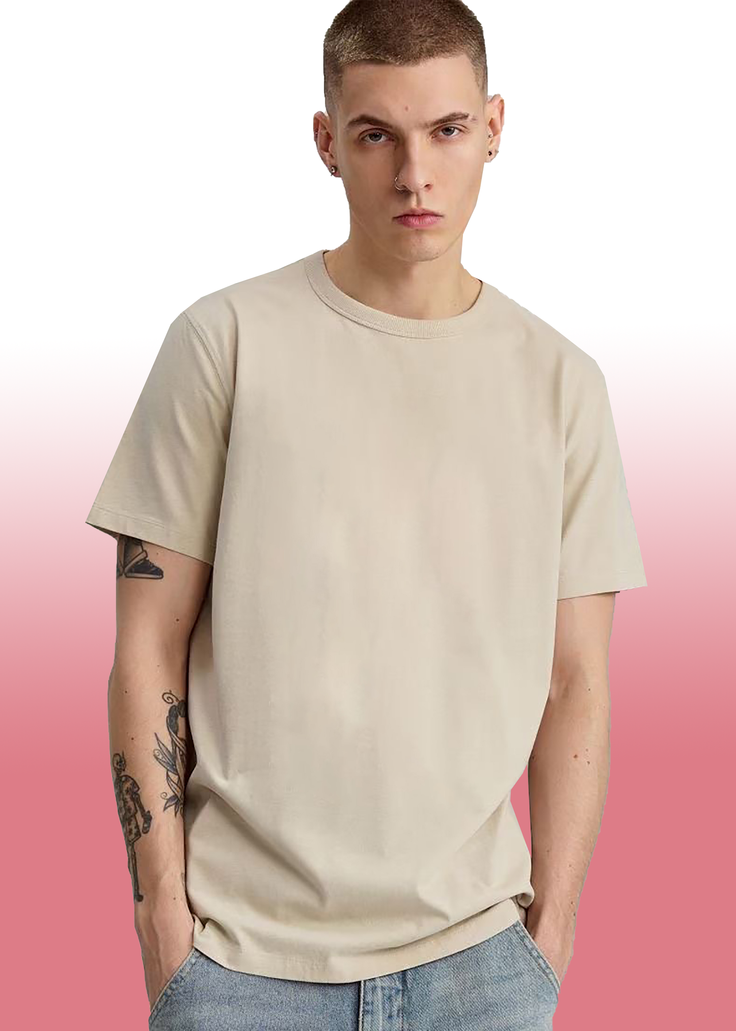 VLAM Regular Fit Beige Solid Tshirt