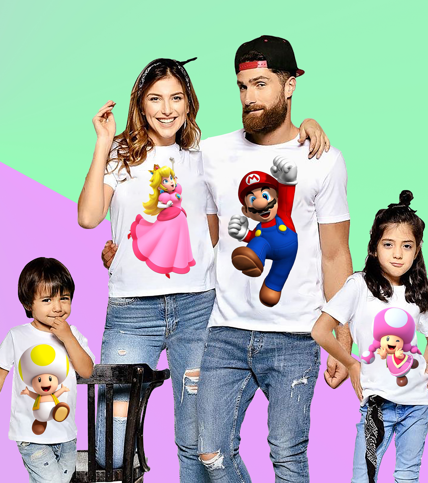 VLAM Mario Cartoon Print Family Tshirt (Pack Of 4)