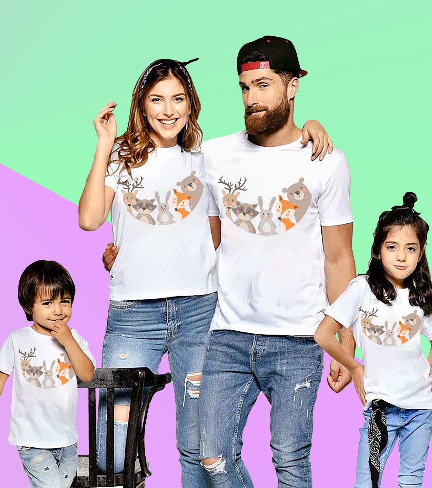 Cute Animal Print Graphic Family Tshirt (Pack Of 4)