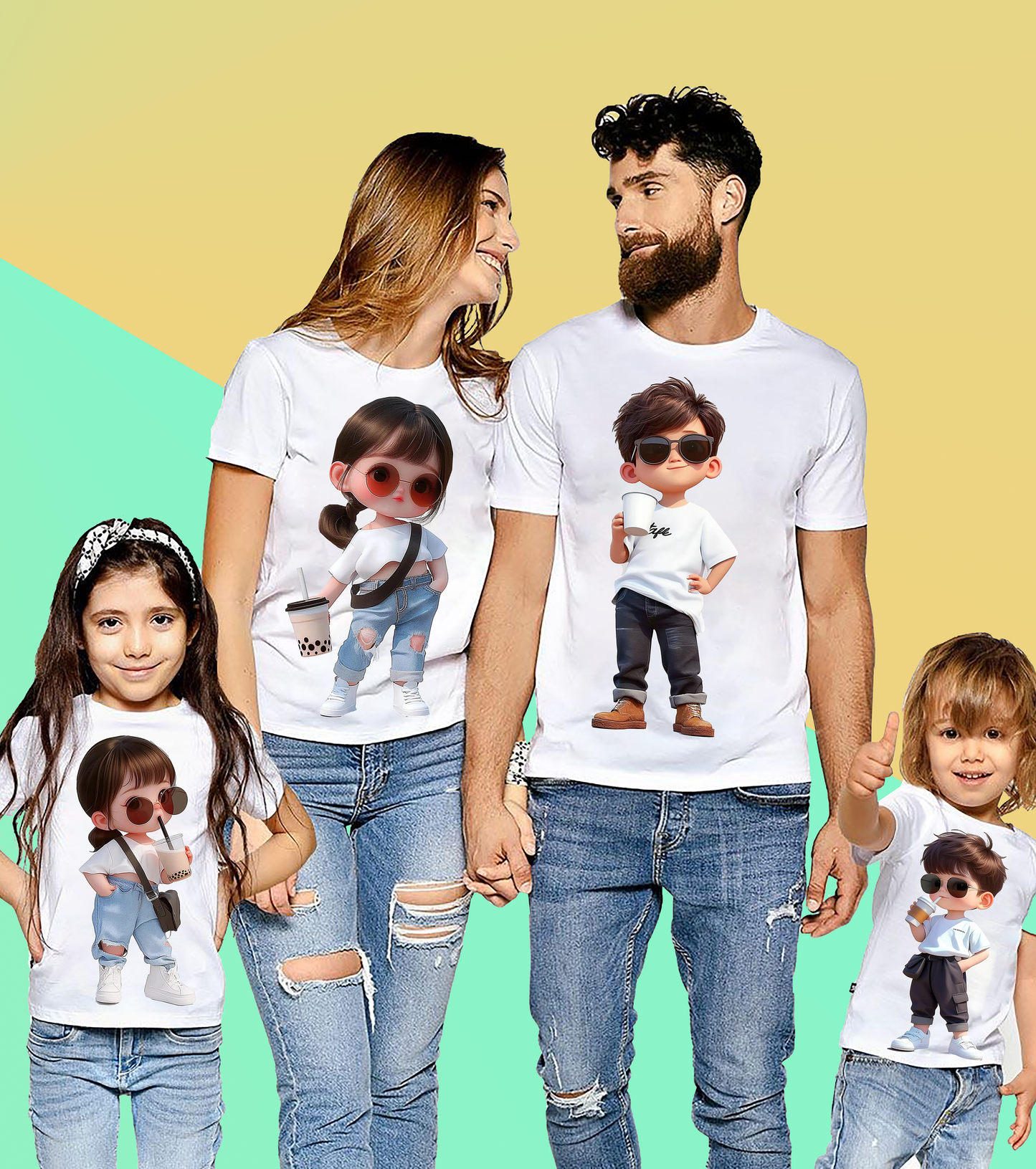 Animated Family Character Print Tshirt (Pack Of 4)