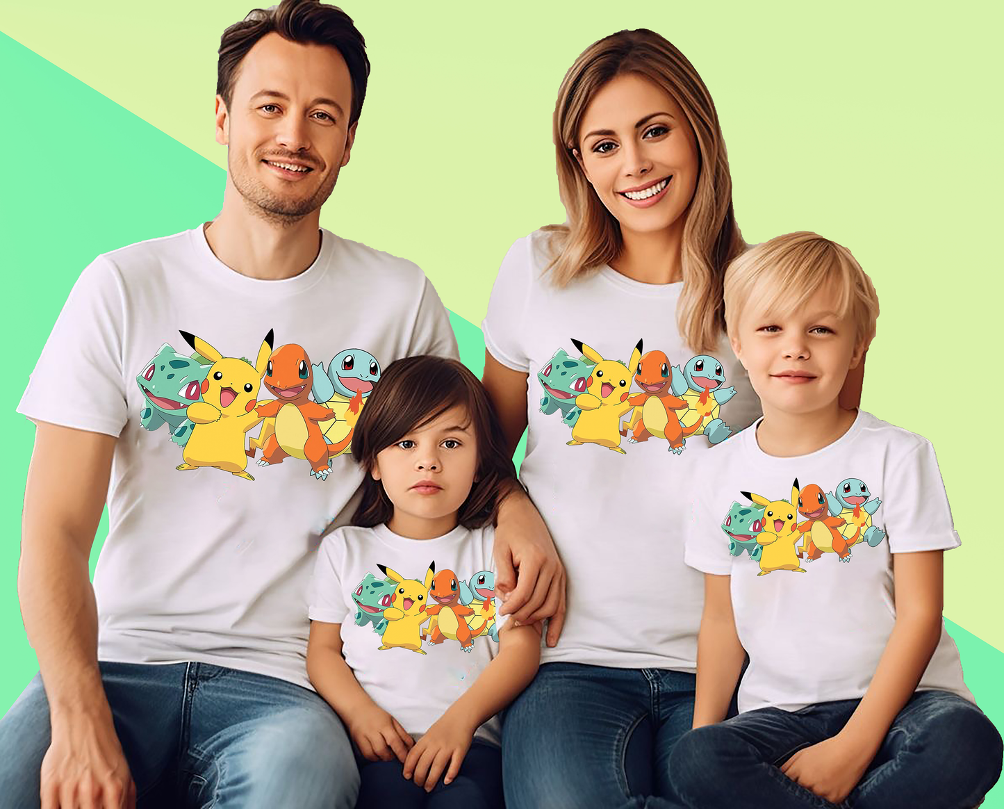 VLAM Pokemon Characters Print Family Tshirt (Pack Of 4)