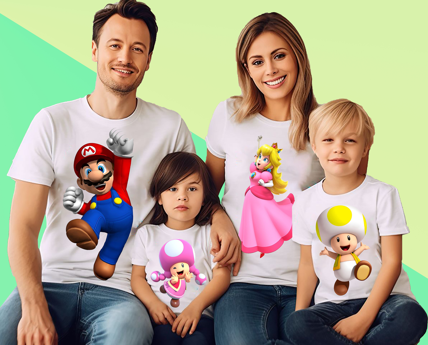VLAM Mario Cartoon Print Family Tshirt (Pack Of 4)