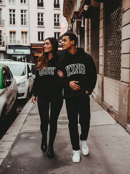 King and Queen Print Matching Couple Black Hoodie