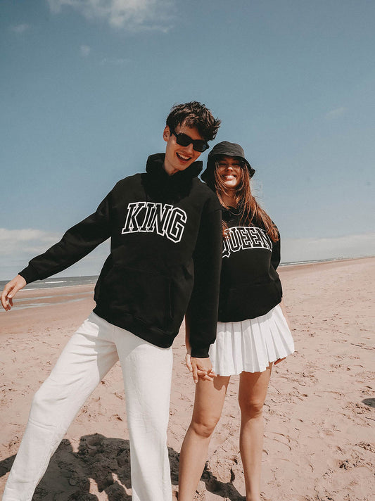 King and Queen Print Matching Couple Black Hoodie