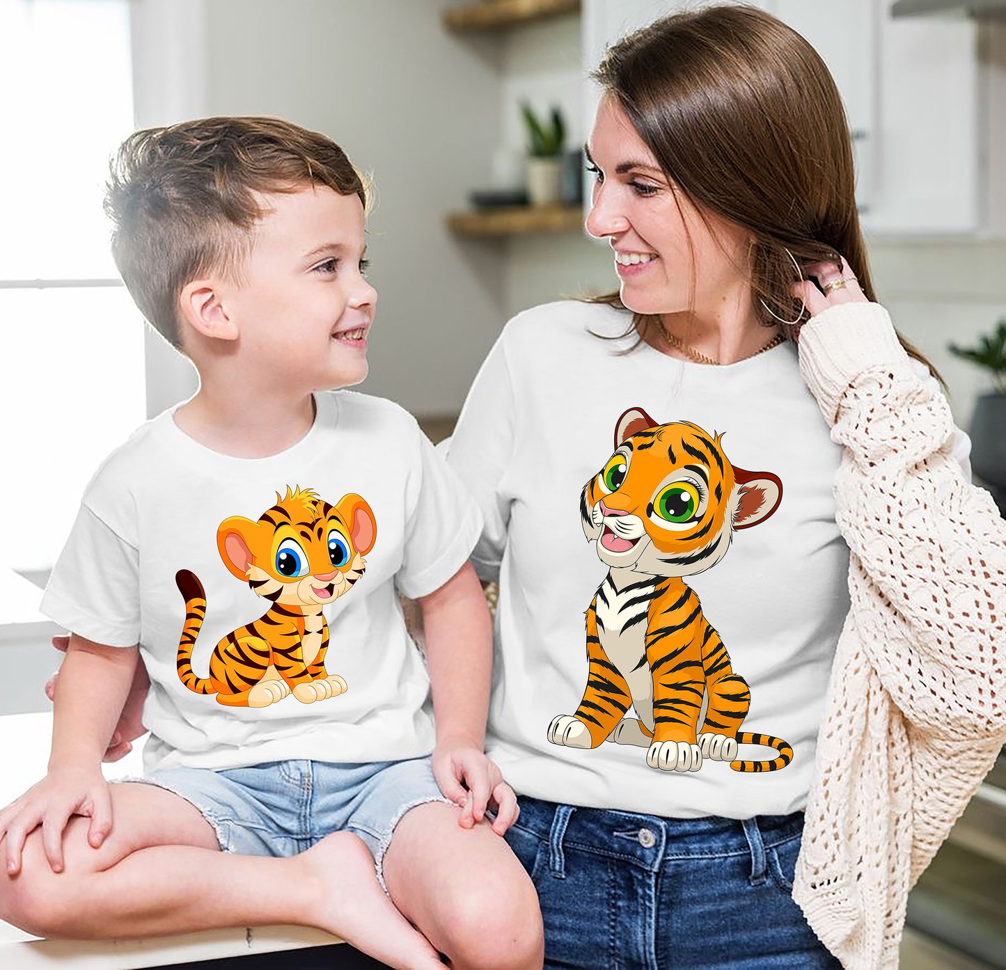 VLAM Tiger Cartoon Print Mom and Son Tshirt