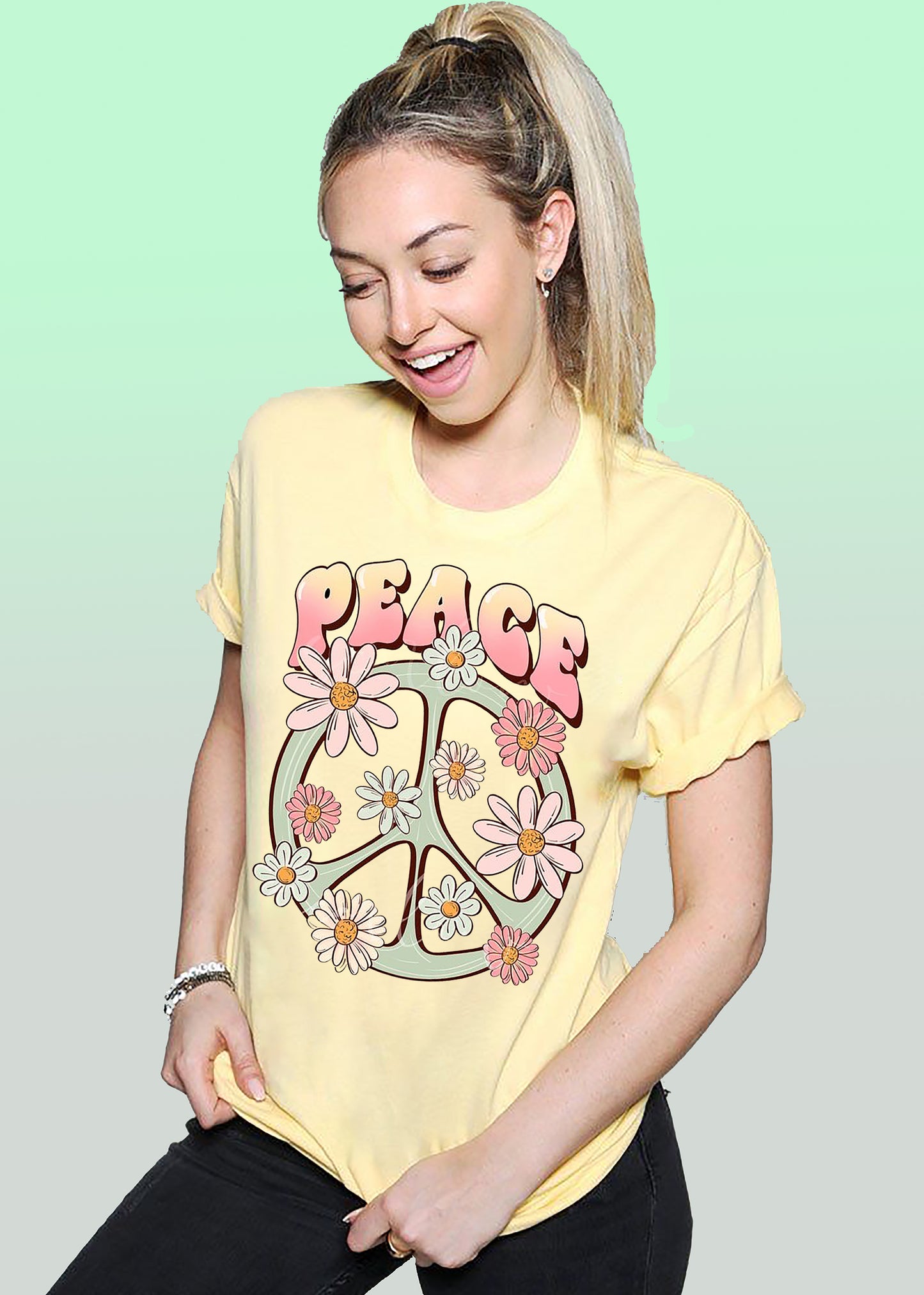 VLAM Womens Floral Peace Symbol Tshirt