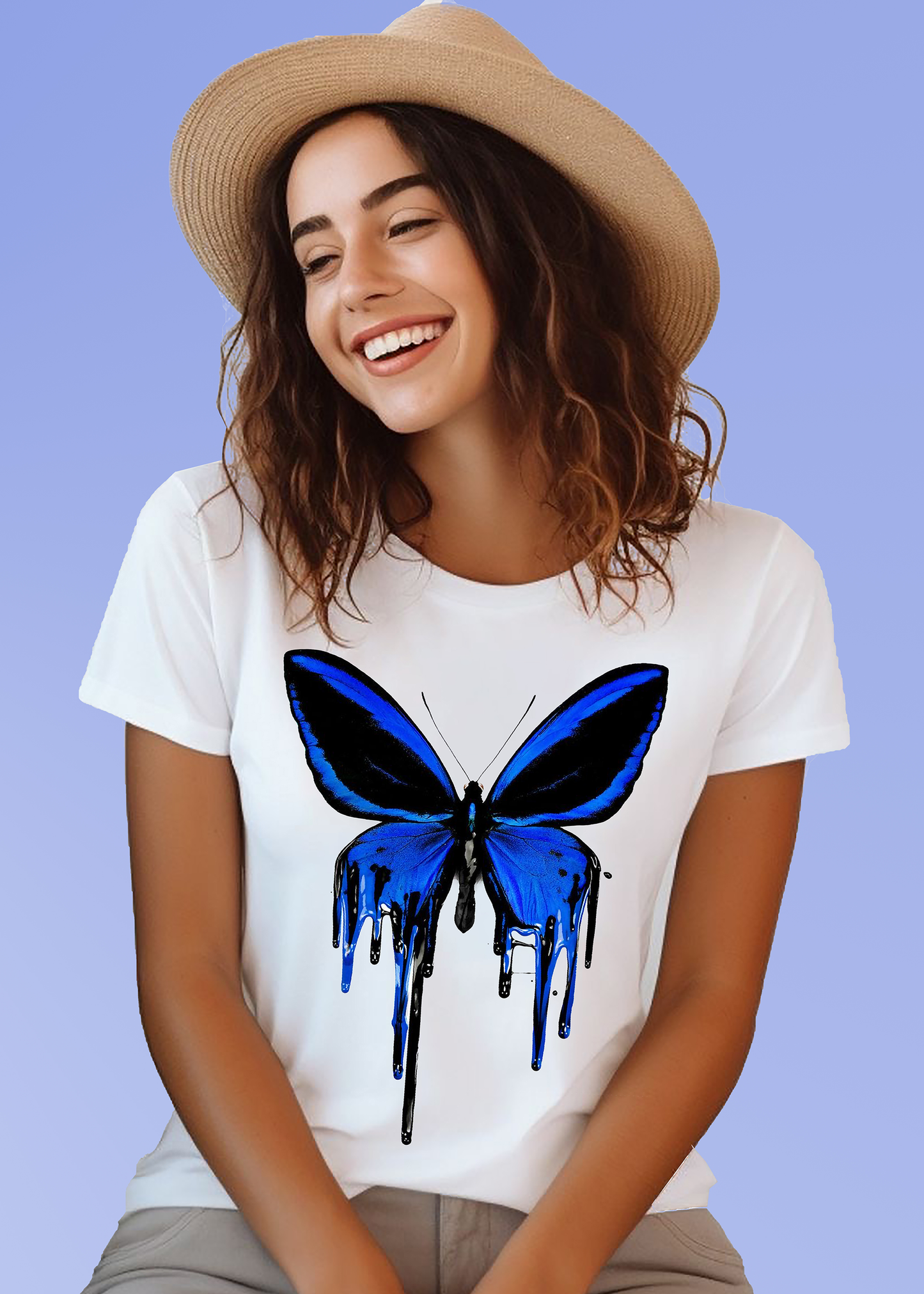 VLAM Womens Blue Butterfly Print Graphic Tshirt