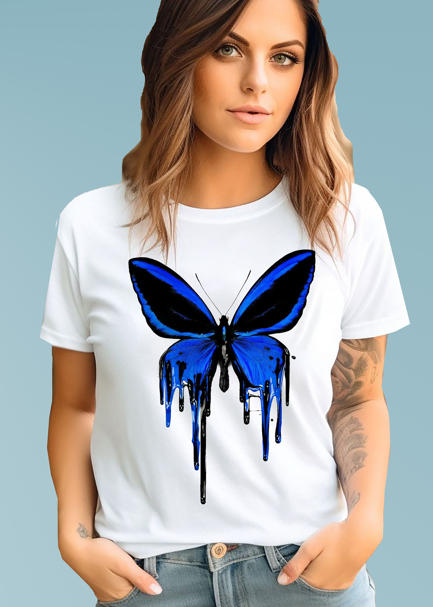 VLAM Womens Blue Butterfly Print Graphic Tshirt